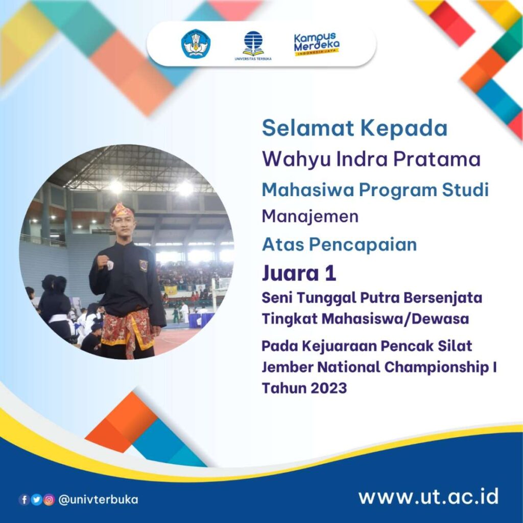 Juara 1 Seni Tunggal Putra Bersenjata Tingkat Mahasiswa/Dewasa pada Kejuaraan Pencak Silat Jember National Championship I Tahun 2023